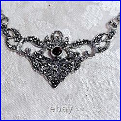 Collier Style Art Déco Argent Grenat Marcassites Vintage Poinçon 925 Et Créateur