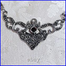 Collier Style Art Déco Argent Grenat Marcassites Vintage Poinçon 925 Et Créateur