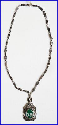 Collier médaillon + chaine argent massif + marcassite ART DECO silver necklace