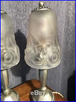 Deux Lampes Art Deco Signees Loti Nancy En Bronze Argente. Muller Degue Daum