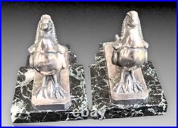 Frécourt Paire Serre Lvres Faisans Métal Argenté Art Deco Bookends 1930