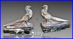 Frécourt Paire Serre Lvres Faisans Métal Argenté Art Deco Bookends 1930