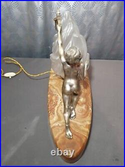 Grande lampe art deco 1930 sculptures femmes nues en bronze argenté 57cm