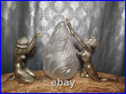 Grande lampe art deco 1930 sculptures femmes nues en bronze argenté 57cm