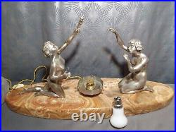 Grande lampe art deco 1930 sculptures femmes nues en bronze argenté 57cm