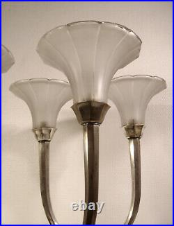 Grande paire de lampes doubles art déco bronze argenté & tulipes en verre pressé