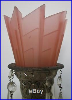 Grandes lampes époque Art Déco Américaines Verre pressé et régule argenté 1930