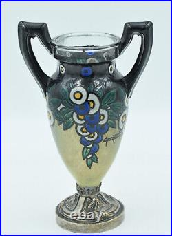 Henri Quenvil-Vase amphore Art Déco-Verre émaillé, bronze argenté-vers 1920/30
