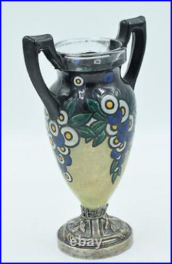 Henri Quenvil-Vase amphore Art Déco-Verre émaillé, bronze argenté-vers 1920/30