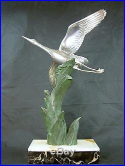 I. Rochard Rare Statue Sculpture Cigogne 1925 Art Deco Bronze Argente Mascotte