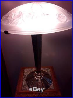 Importante lampe art deco 1930 Muller frère en bronze argenté et vasque Degué