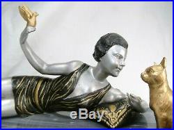 J Salvado Superbe Statue Sculpture Femme Art Deco Fonte D'art Marbre 1925 Chat