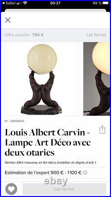 Lampe Art-deco Louis Albert Carvin 1930 Sculpture Otarie Marbre Metal Argenté