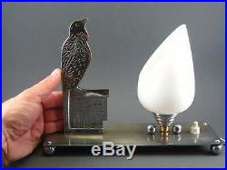 Lampe de chevet vintage métal chromé ART DECO tulipe verre opaline Décor Oiseau