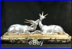 Louis Carvin Sublime Sculpture Art Deco Deux Gazelles Signee Fonte D'art Statue