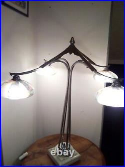 Lustre Art Deco Transforme En Lampe A Poser Sur Socle Marbre, 4 Branches