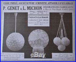Lustre plafonnier moderniste Genet & Michon Paris 4 globes verre pressé Art Déco