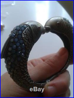 Magnifique Bracelet Art Deco Poissons Grenat Pierre De Lune Argent! Rare