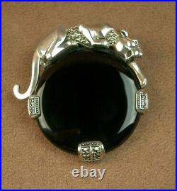 Magnifique Pendentif/ Broche Ancien Epoque Art Deco Argent Onyx Decor Panthere