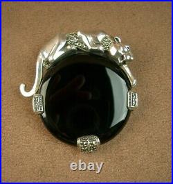 Magnifique Pendentif/ Broche Ancien Epoque Art Deco Argent Onyx Decor Panthere