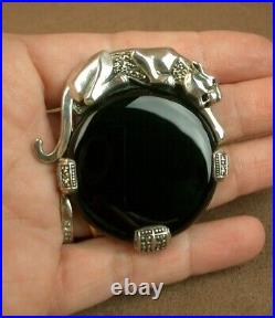 Magnifique Pendentif/ Broche Ancien Epoque Art Deco Argent Onyx Decor Panthere