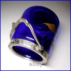 N23.638 art déco peint main bleu verre métal argenté récipient vintage France