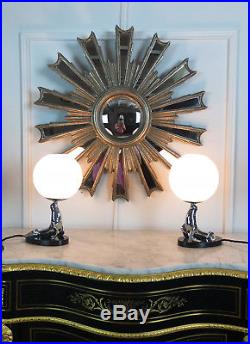 Paire De Lampes En Bronze Argenté Epoque Art Deco De Forme Otarie Socle En Bois