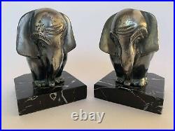 Paire De Serres Livres Regule Moreau Art Deco Elephant 1930 Marbre Noir H3686