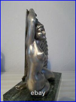Paire de sculpture en bronze argenté art deco statuette femme nue a l'eventail