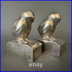 Paire de serre-livres Art Déco par G. Laurent oiseaux en bronze argenté M3291