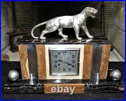 Pendule Art Déco marbre et panthère bronze HUGUES french clock