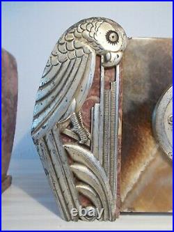 Pendule art deco marbre ornement en bronze argenté perroquet sculpture oiseau