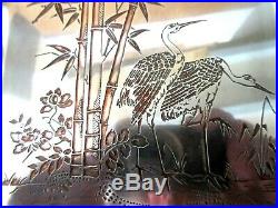 Plateau métal argenté gravé de bambous et de cigognes signé CHRISTOFLE, Art Déco