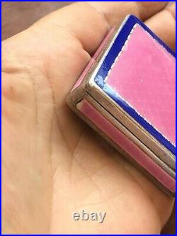 Poudrier Art Deco Argent Email Rose Bleu Enamel Color Pink Blue Sterling Box