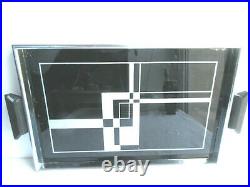 RARE Joli plateau stylisé Art Déco, verre noir et argent, tour métal, 2 poignées