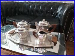 Rare Service thé/café ARGIT Art Déco à Pans Métal Argenté Palissandre vers 1930