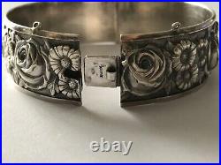 Rare bracelet argent art deco orné de roses et marguerites en relief