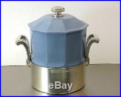 Saglier Boite Pot Couvert Art Deco Faience Bleu Pale Et Metal Argente Vers 1935