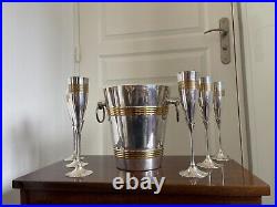 Seau champagne & 6 flutes METAL ARGENTE vintage art déco