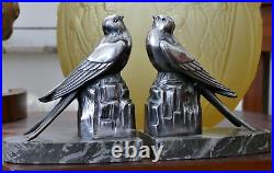 Serre Livres sculpture ART DECO Oiseaux Hirondelles métal argenté socle Marbre