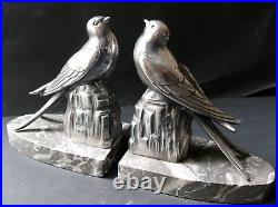 Serre Livres sculpture ART DECO Oiseaux Hirondelles métal argenté socle Marbre