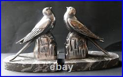 Serre Livres sculpture ART DECO Oiseaux Hirondelles métal argenté socle Marbre