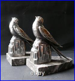 Serre Livres sculpture ART DECO Oiseaux Hirondelles métal argenté socle Marbre