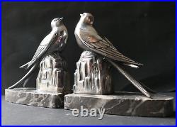 Serre Livres sculpture ART DECO Oiseaux Hirondelles métal argenté socle Marbre