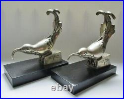 Serre livres sculpture Art Déco 1925 bronze argenté et marbre oiseaux signés