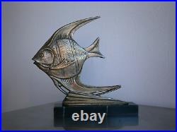 Statue Sculpture Art Déco Poisson exotique Bronze argenté Animalier Ocean Ancien