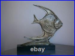 Statue Sculpture Art Déco Poisson exotique Bronze argenté Animalier Ocean Ancien