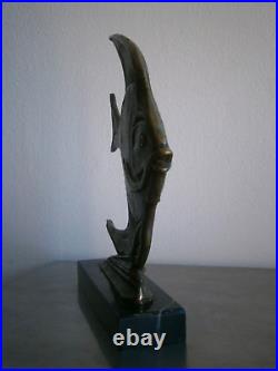 Statue Sculpture Art Déco Poisson exotique Bronze argenté Animalier Ocean Ancien