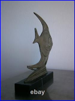 Statue Sculpture Art Déco Poisson exotique Bronze argenté Animalier Ocean Ancien