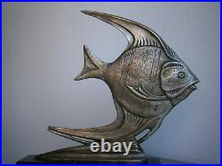 Statue Sculpture Art Déco Poisson exotique Bronze argenté Animalier Ocean Ancien